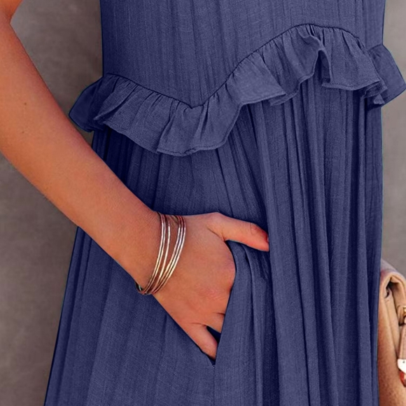 Navy Ruffled Sleeveless Tiered Maxi Dress with Pockets - Picture 3 of 11